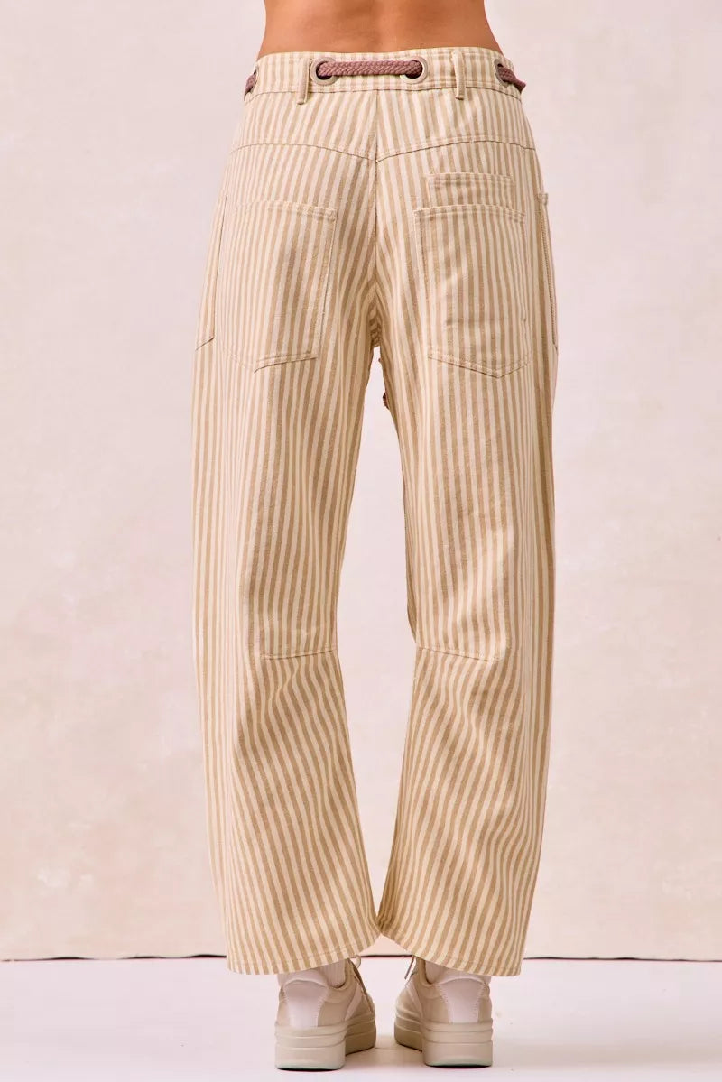 Oatmeal Bibi Drawstring Striped Twill Barrel Pants 2