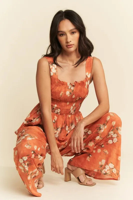 Davi Dani Floral Ruffle Square Neck Smocking Bodice Jumpsuit