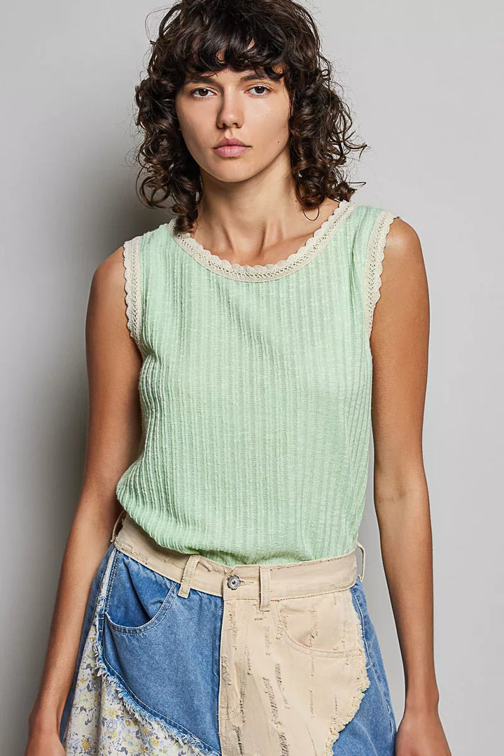 Sage Pol Ribbed Round Neck Tank With Lace Trim 3