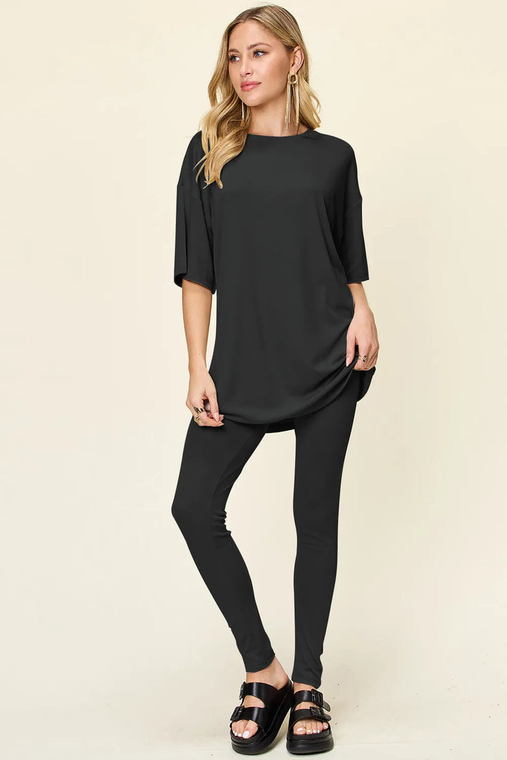 Black Double Take Full Size Round Neck Dropped Shoulder T Shirt And Leggings Set