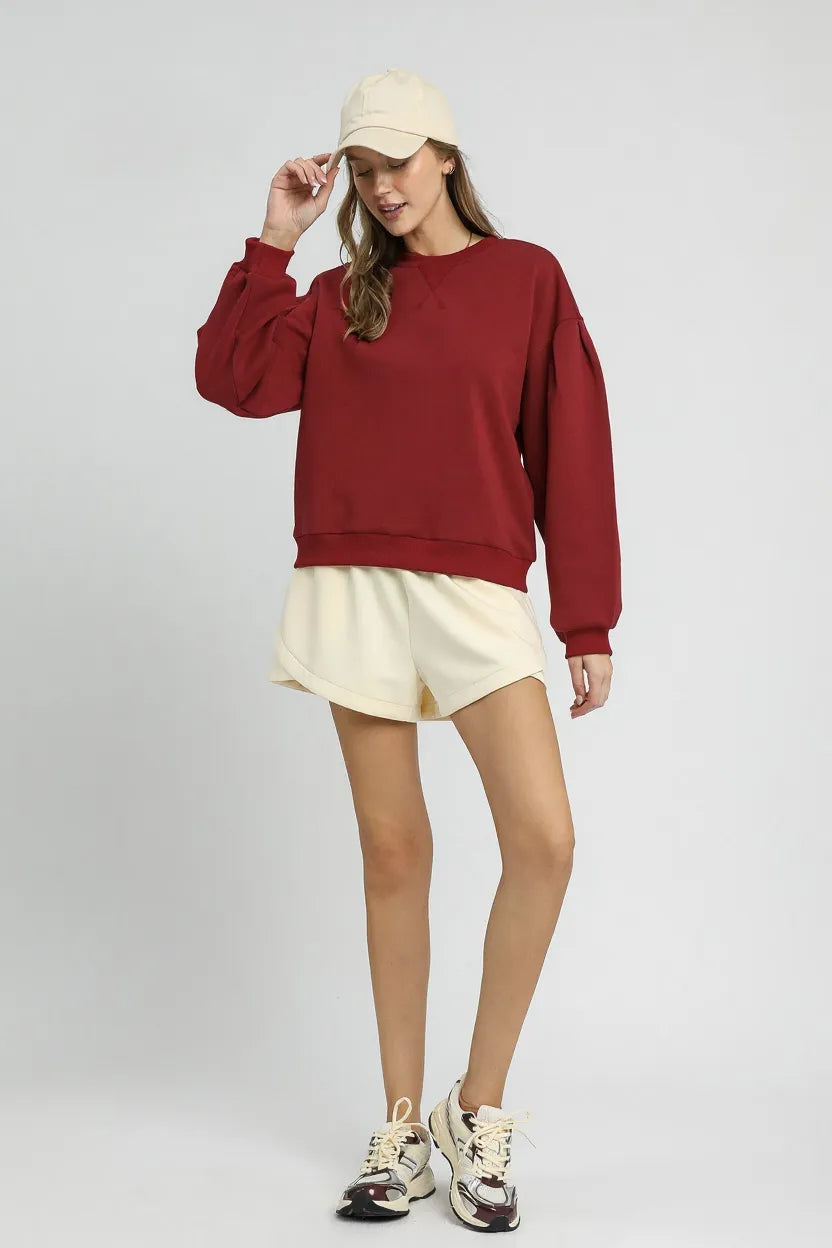 Burgundy Umgee Round Neck Sweatshirt With Pleated Detail 1