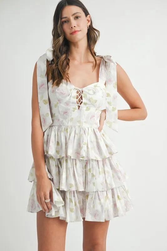 Off White Mable Floral Print Shoulder Tie Layered Mini Dress