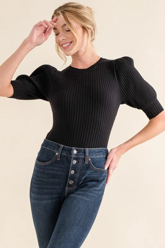 Black And The Why Puffed Half Sleeve Rib Basic Bodysuit
