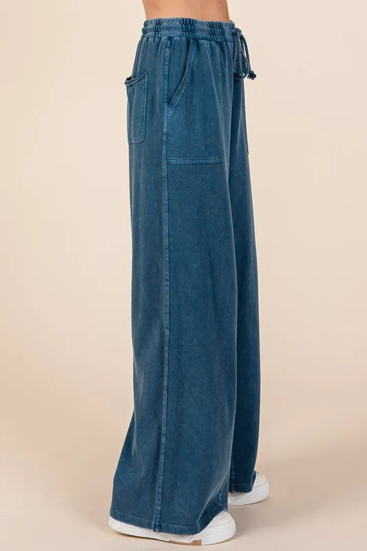 Dark Blue Mittoshop Mineral Wash French Terry Drawstring Wide Leg Pants