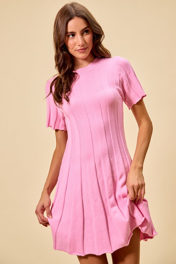 Pink So Me Wide Rib Short Sleeves Sweater Knit Mini Dress