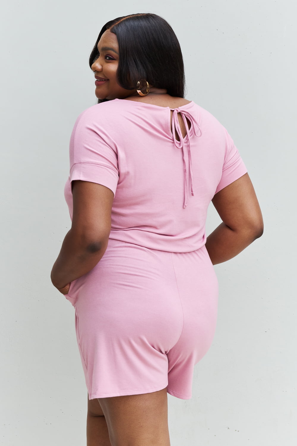 Zenana Chilled Out Full Size Short Sleeve Romper In Light Carnation Pink