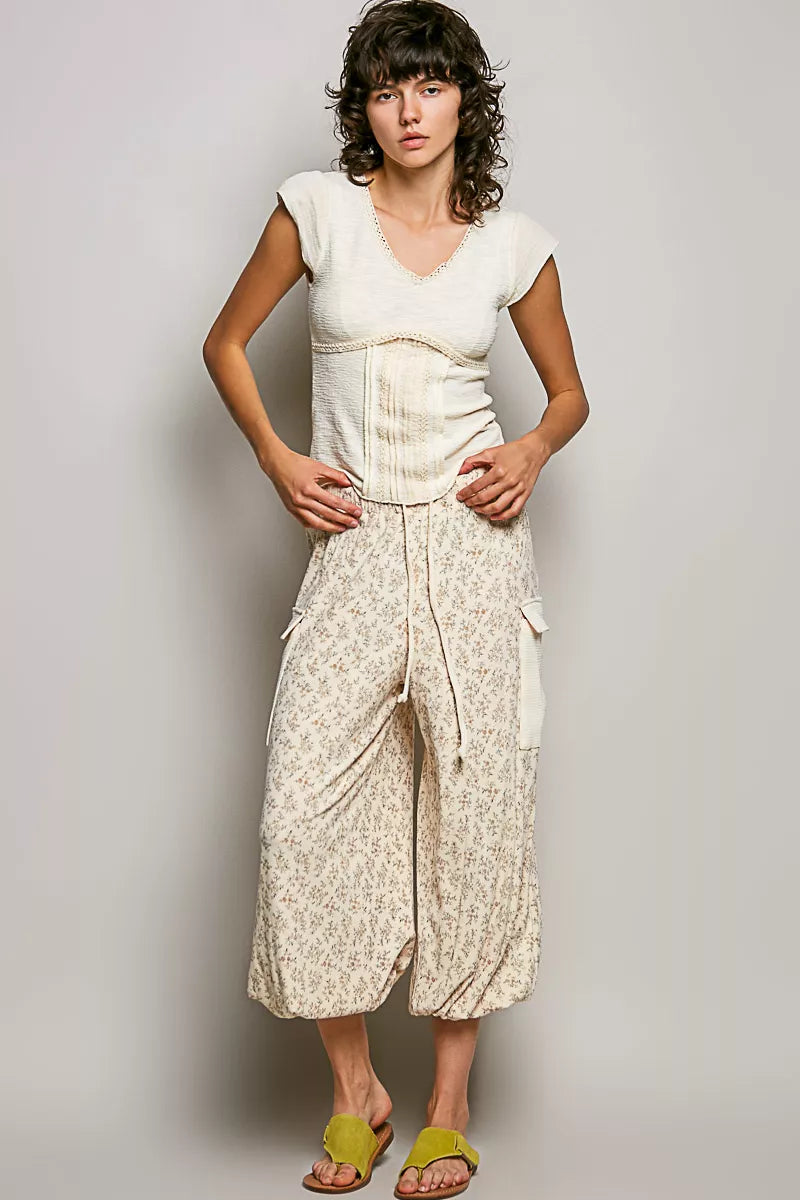 Pol V Neck Lightweight Textured Short Sleeve Knit Top With Lace Trim 4