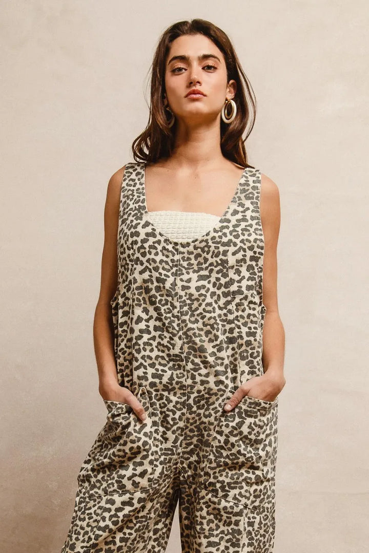 Bibi Leopard Print Adjustable Strap U Neck Jumpsuit