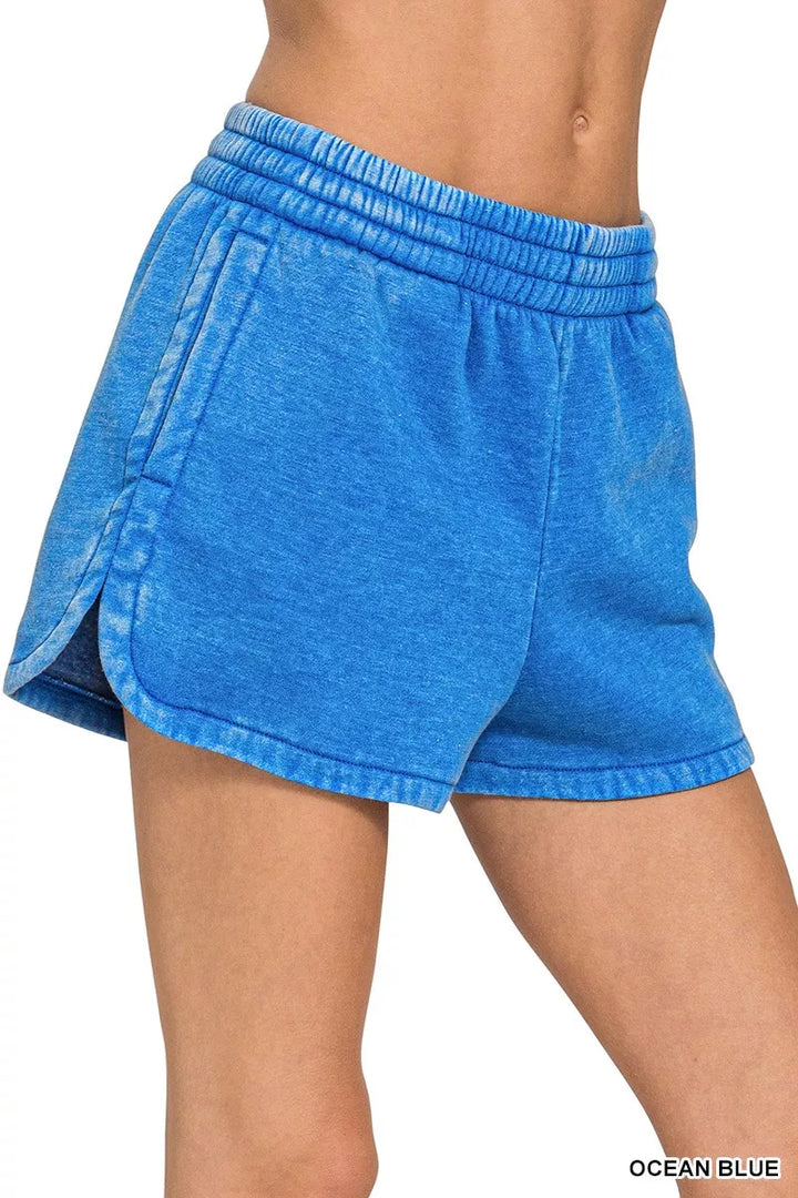 Ocean Blue Zenana Acid Washed Elastic Waistband Dolphin Shorts 1