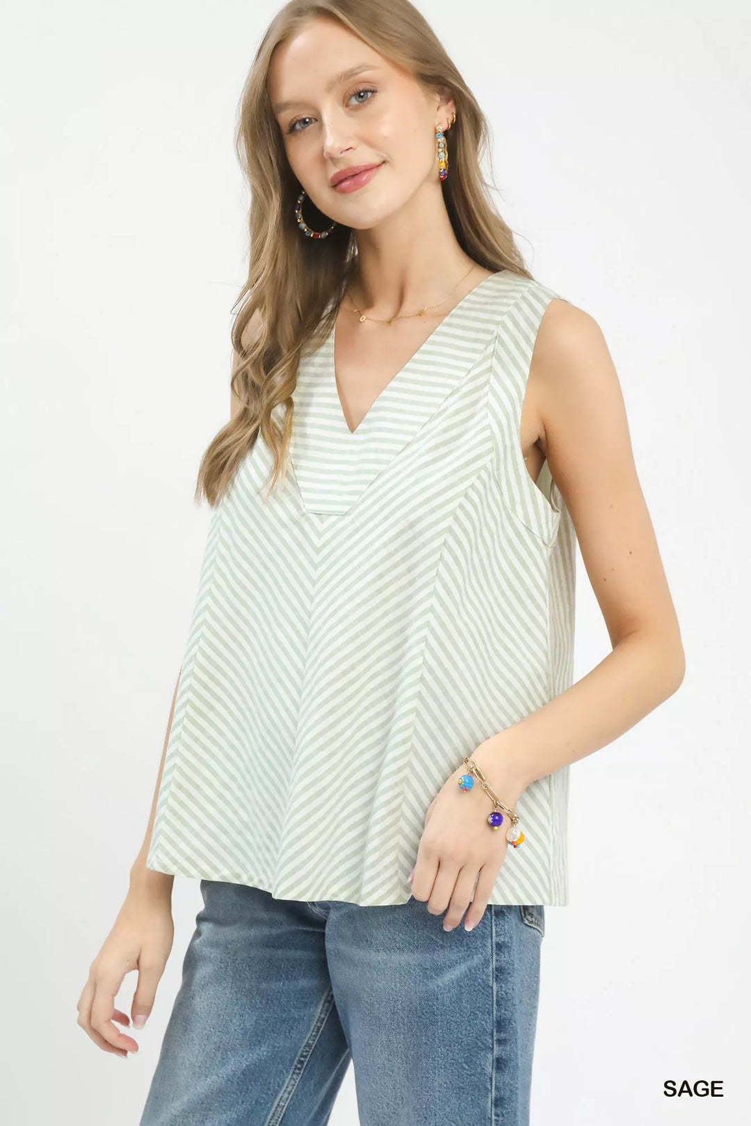 Sage Umgee Mixed Stripe Sleeveless V Neck Top