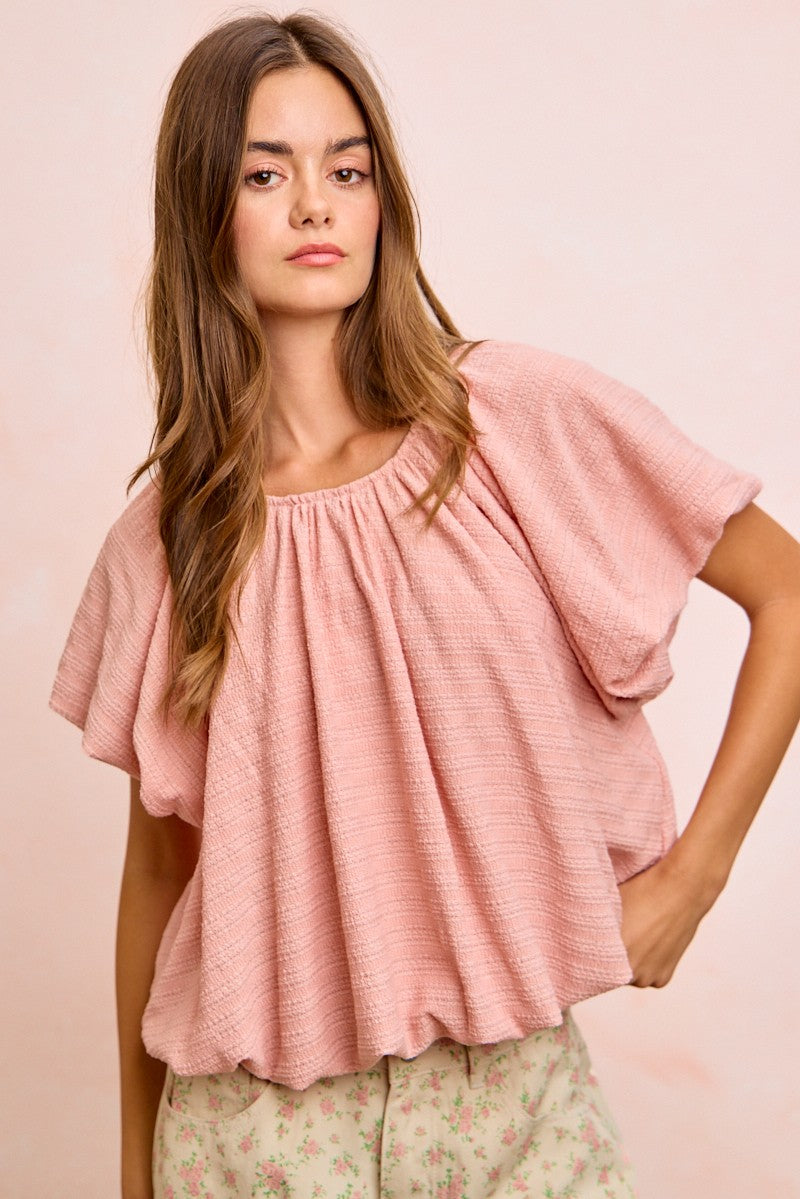 Rose Bibi Stripes Textured Shirred Neckline Bubble Hem Top
