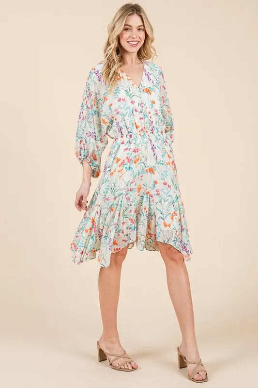 Lime N Chili Floral Cinched Waist Balloon Sleeve V Neck Dress