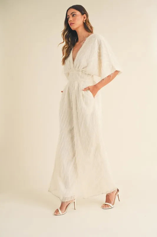 Cream Mable Fluffy Deep V Neck Wide Leg Jumpsuit 1