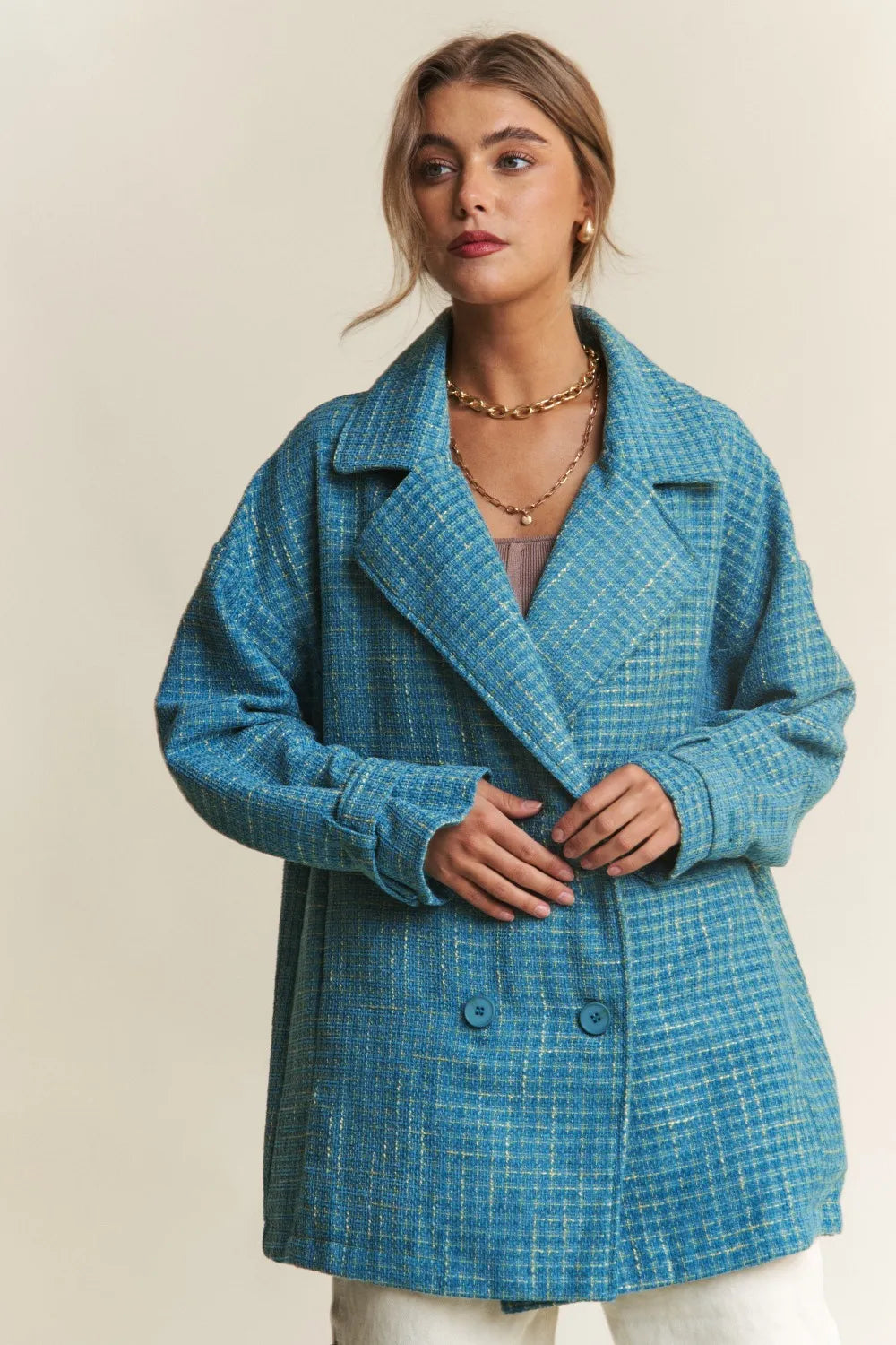 Emerald Sea J Nna Tweed Double Breasted Long Sleeve Coat