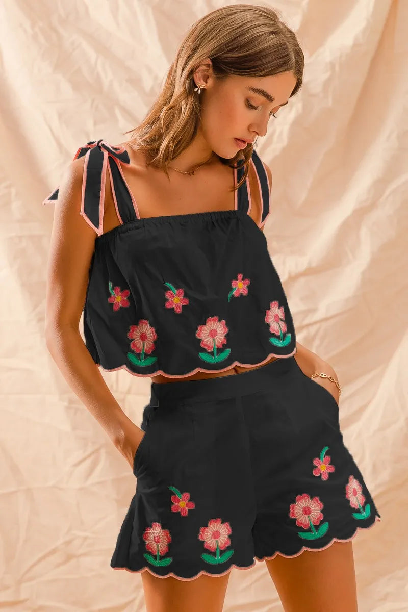 Black So Me Flower Embroidered Tank Top And Shorts Set