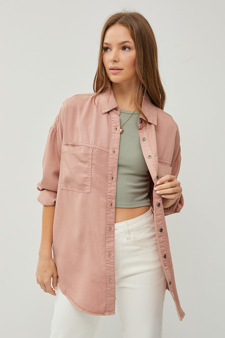Mauve Risen Full Size Button Up Long Sleeve Denim Shirt