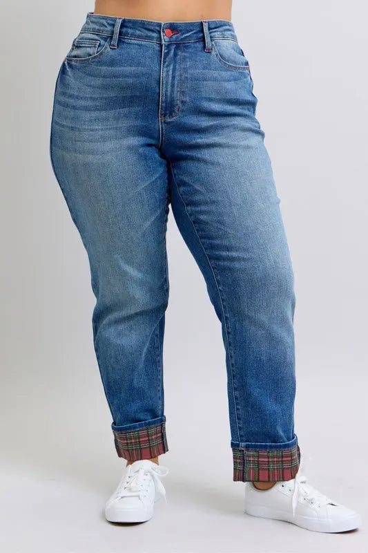 Medium Judy Blue Full Size Mr Plaid Print Cuff Bf Jeans Plus Size