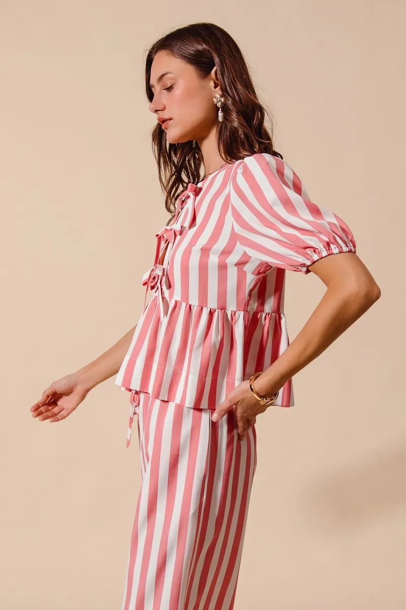 So Me Front Tie Stripe Top With Puff Sleeves And Wide Leg Pants Set