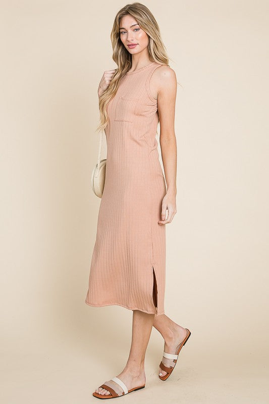 Apricot Bombom Ribbed Knit Sleeveless Midi Dress