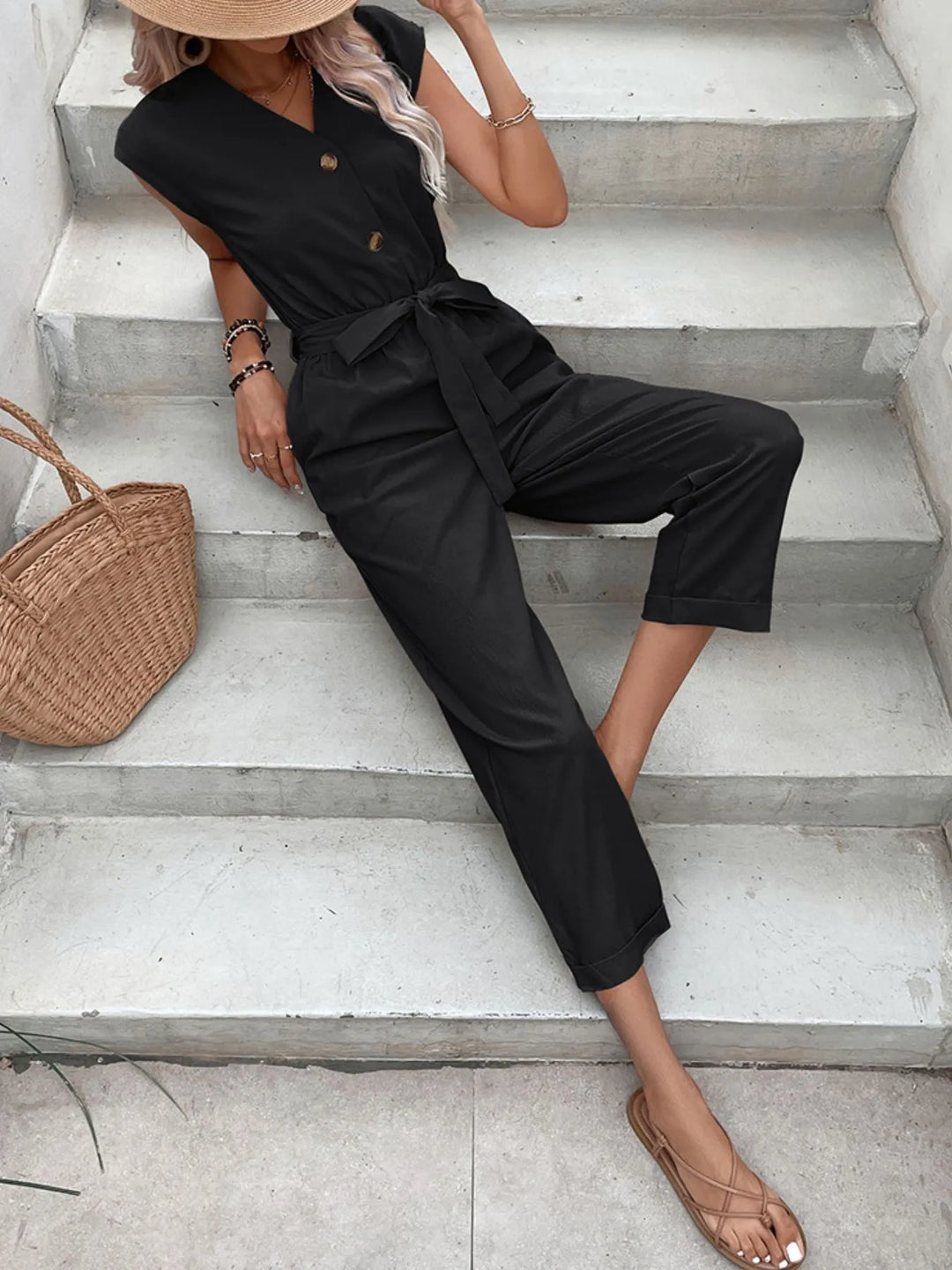 Black Button Front Tie Waist Jumpsuit