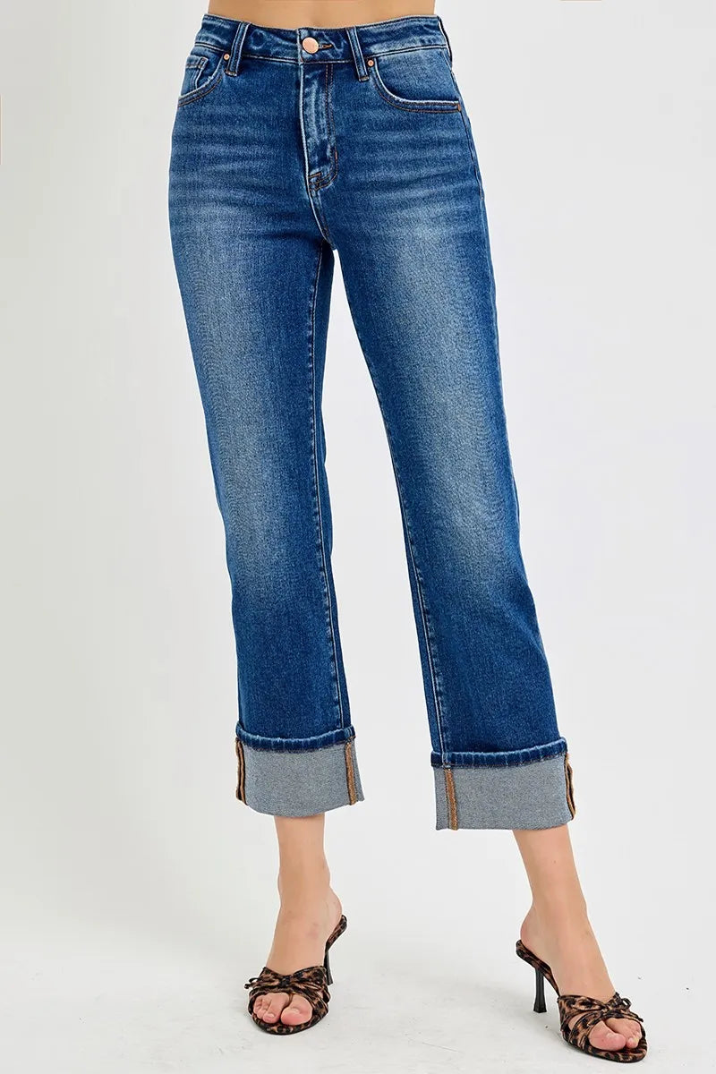 Dark Risen Full Size High Rise Ankle Straight Cuffed Jeans Plus Size