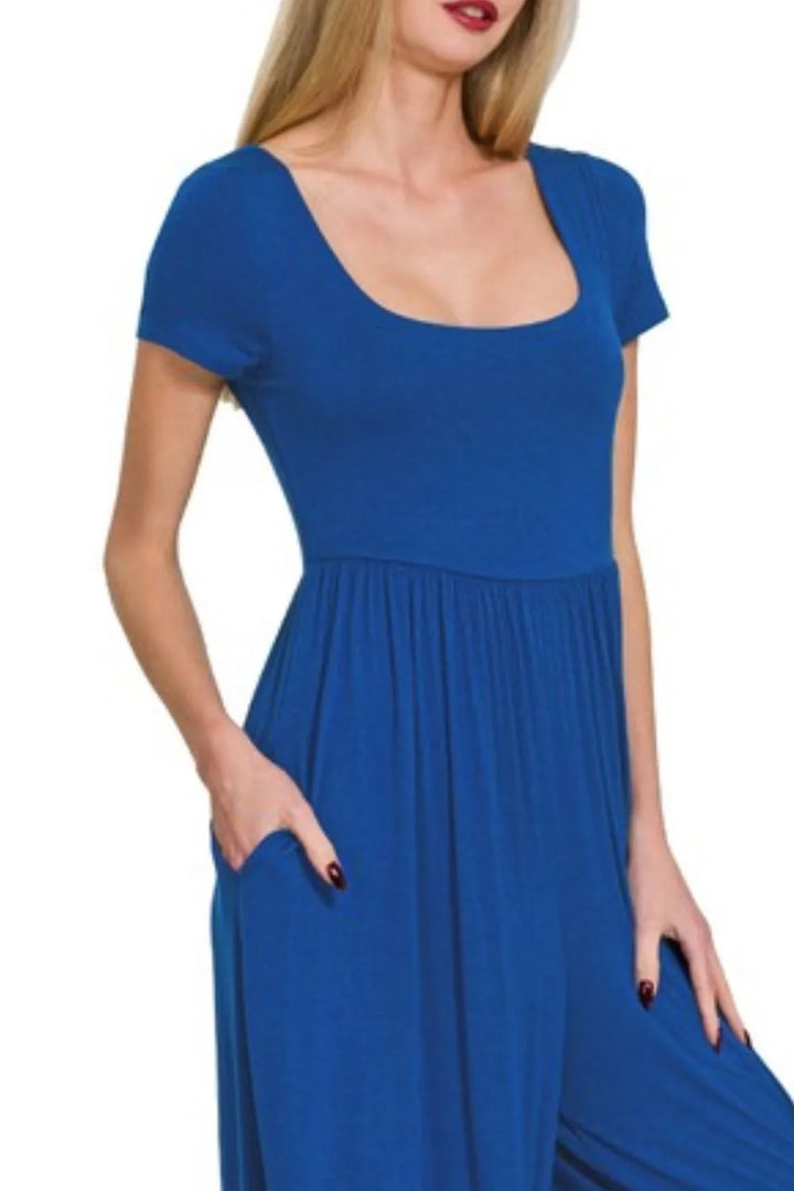 Lt Navy Zenana Double Layered Short Sleeve Jumpsuits 2