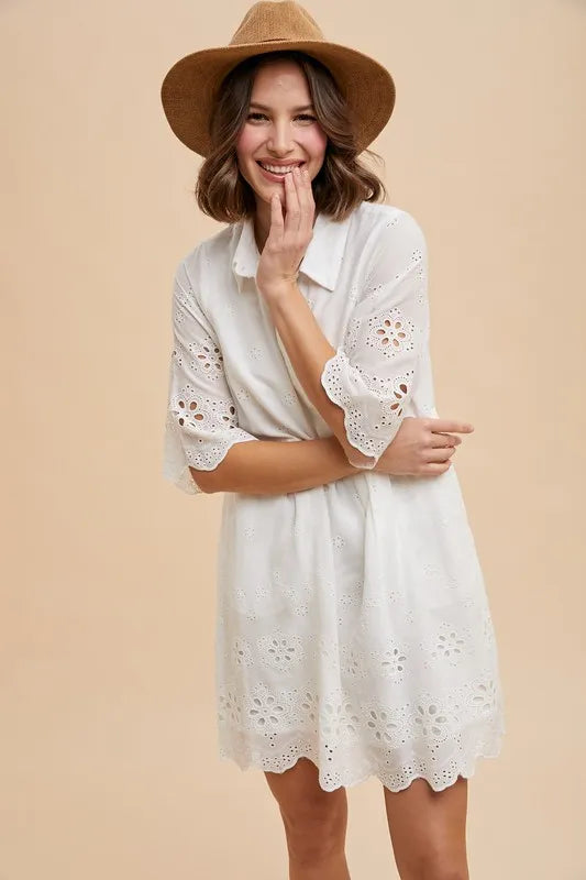 Ivory Annie Wear Embroidered Scallop Edge Detail Mini Shirt Dress 1