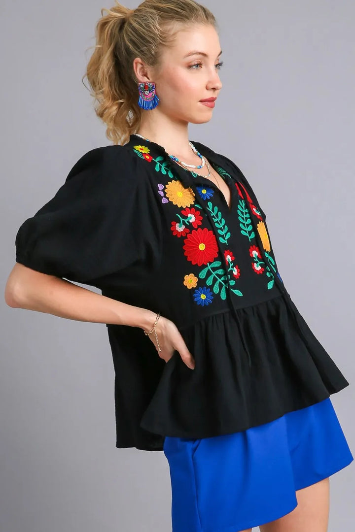 Black Umgee Full Size Cotton Gauze Floral Embroidery Babydoll Blouse Plus Size 1
