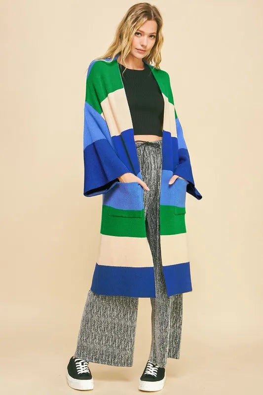 Blue Stripe Davi Dani Color Block Kimono Sleeve Open Front Cardigan