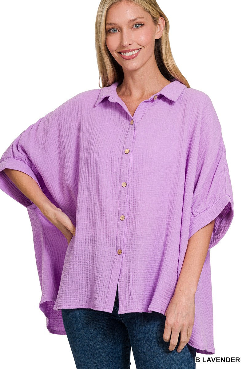 B Lavender Zenana Double Gauze 3 4 Sleeve Button Up Shirt