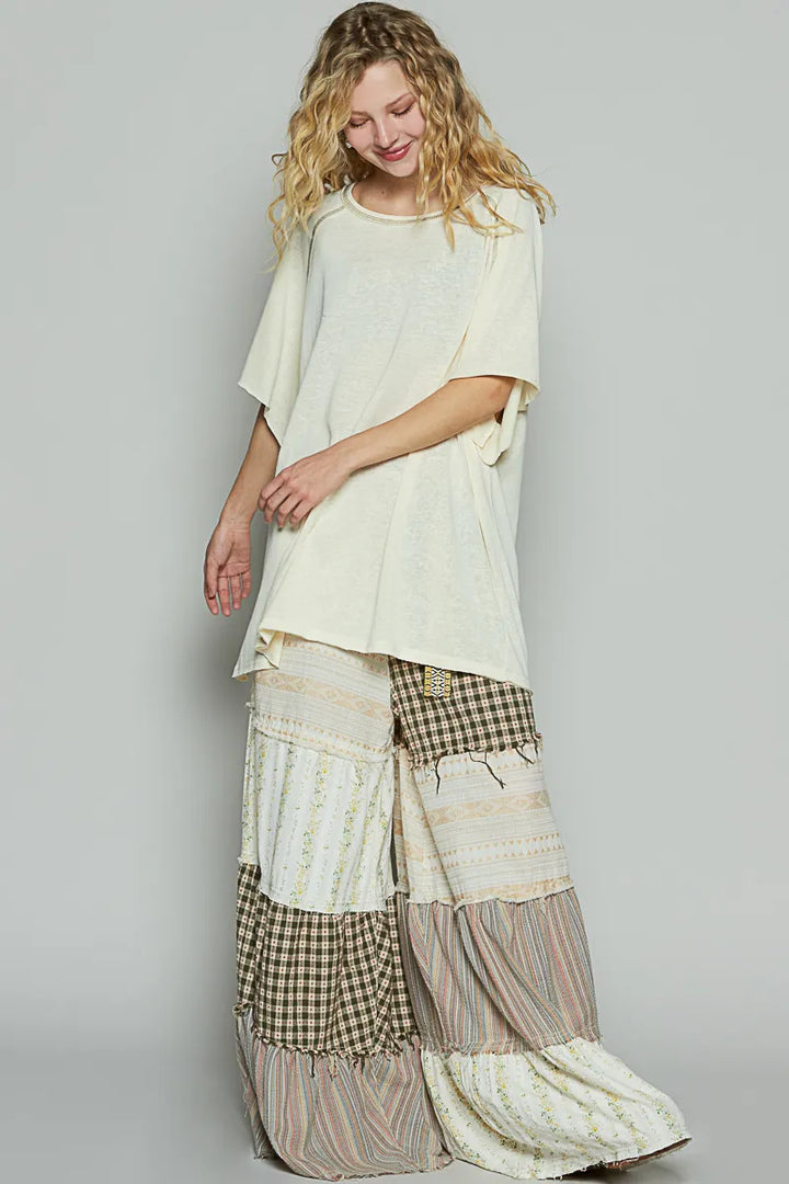 Pol Contrast Stitching Half Sleeve Oversized T Shirt