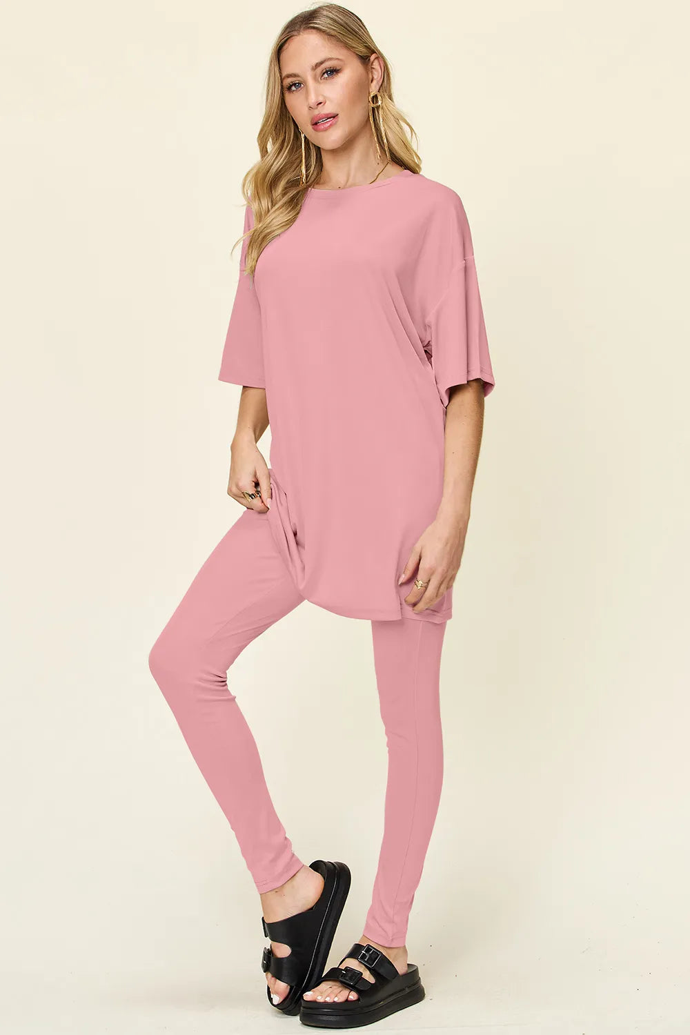 Mocha Double Take Full Size Round Neck Dropped Shoulder T Shirt And Leggings Set