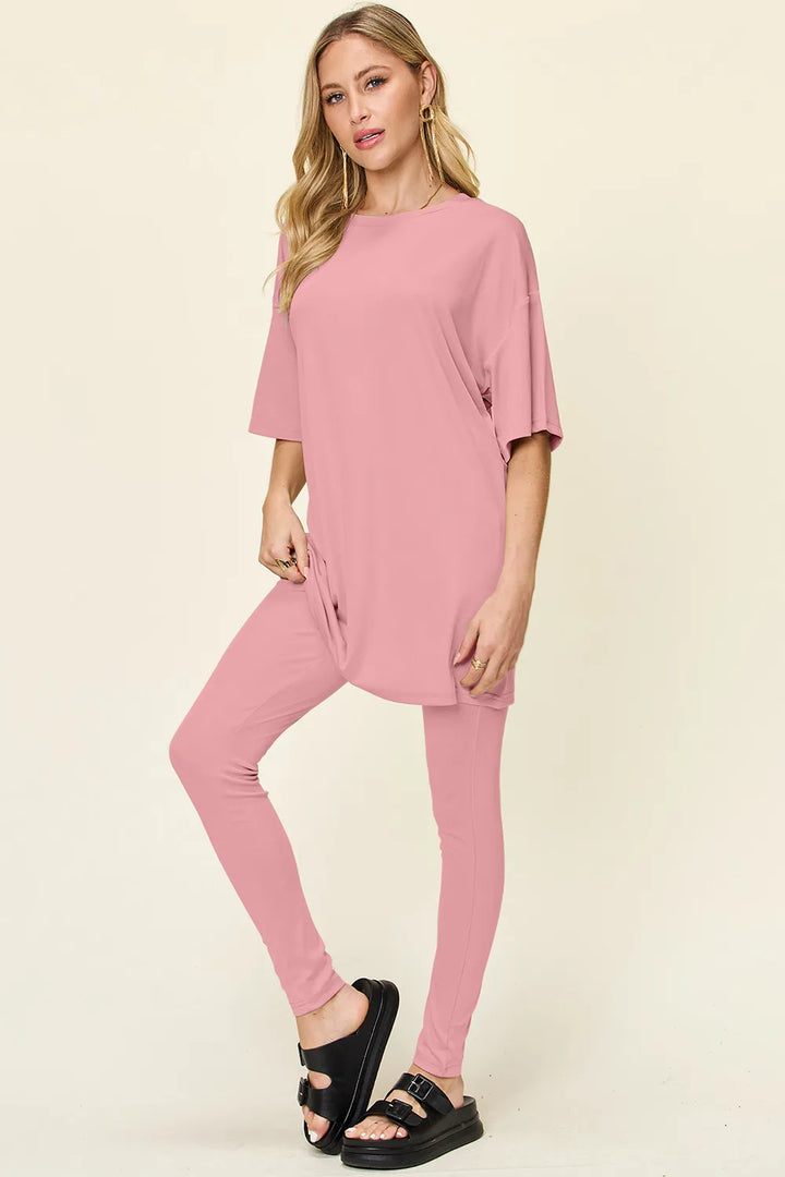 Mocha Double Take Full Size Round Neck Dropped Shoulder T Shirt And Leggings Set