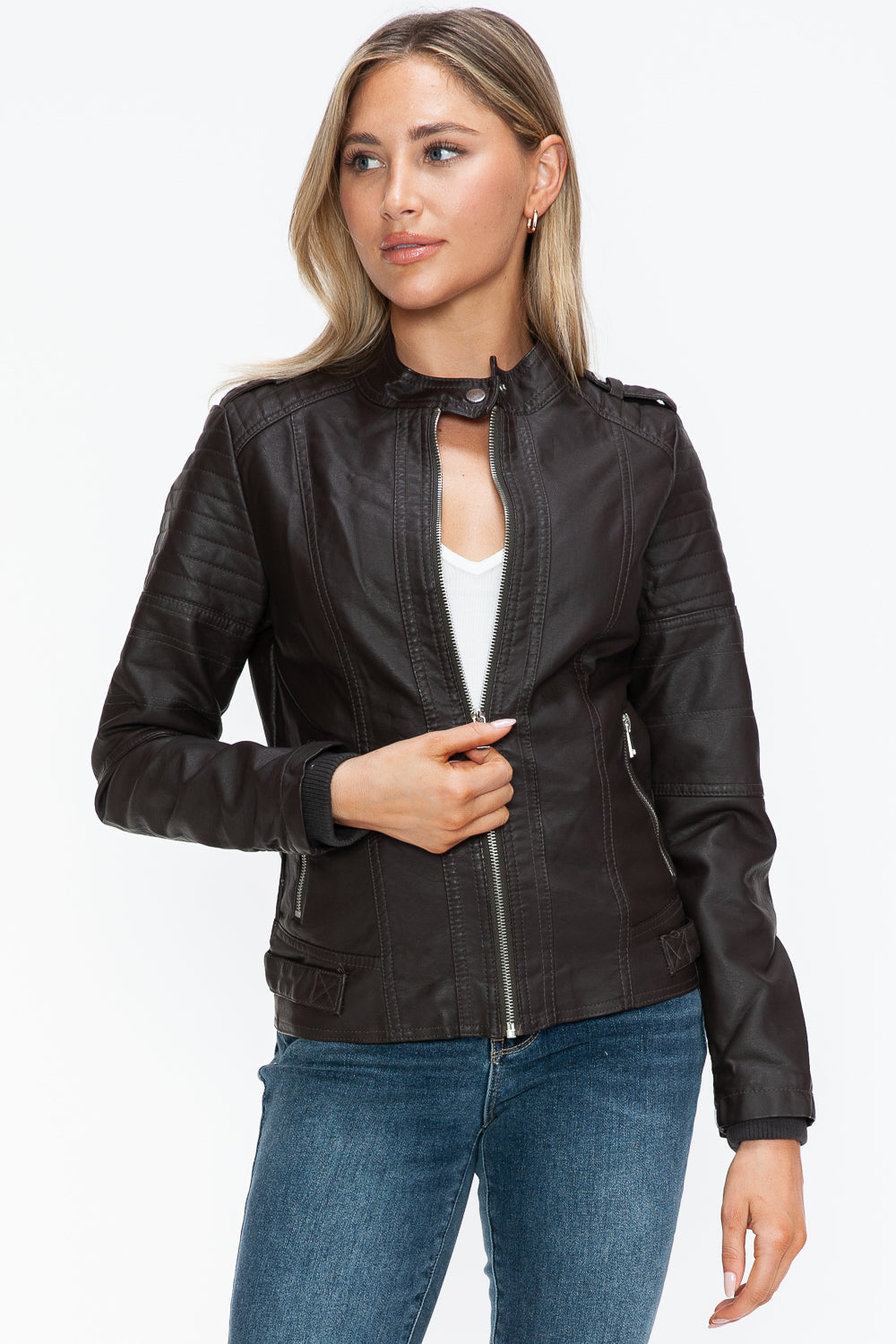 Snobbish Pu Leather Biker Jacket With Side Zip Pockets 2