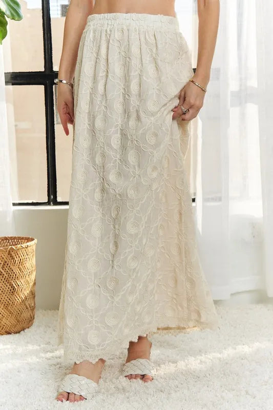 Beige Adora Elastic Waist Applique Maxi Skirt