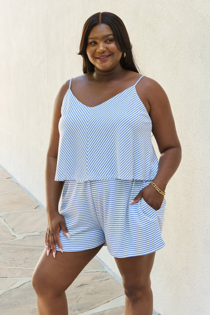 Stripe Culture Code Let It Happen Full Size Double Flare Striped Romper In Cobalt Blue