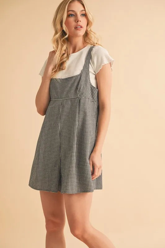 Navy Aemi Co Plaid Square Neck Romper