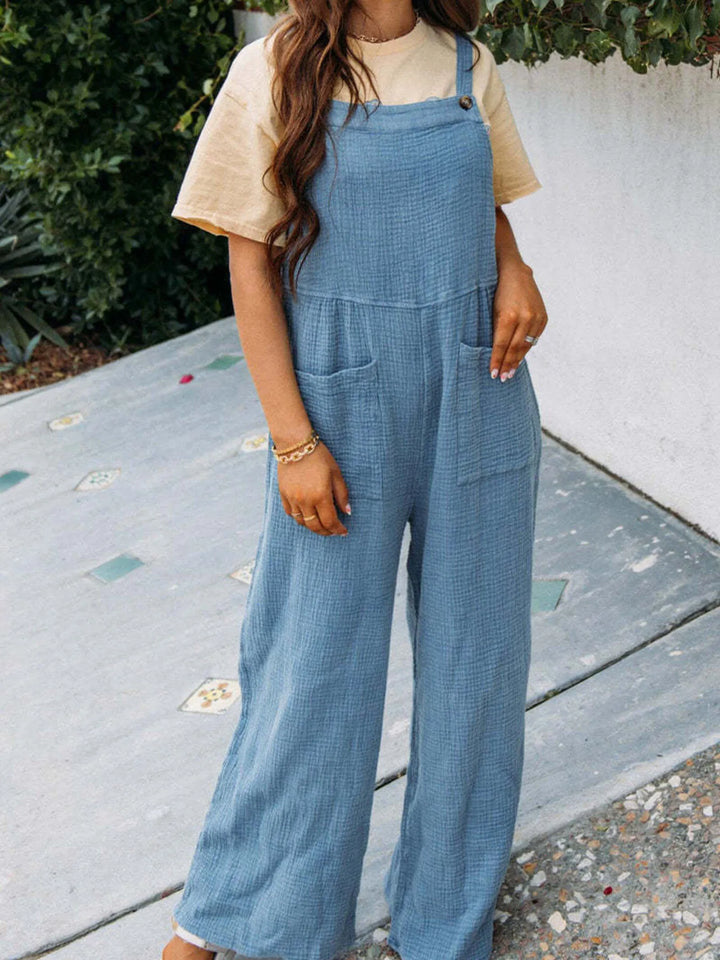 Lake Blue Full Size Casual Wide Leg Textured Overalls Plus Size