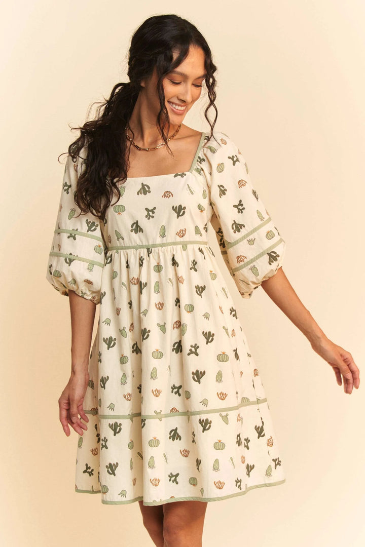 Cream/Green Davi Dani Cactus Printed Poplin Contrast Piping Mini Dress
