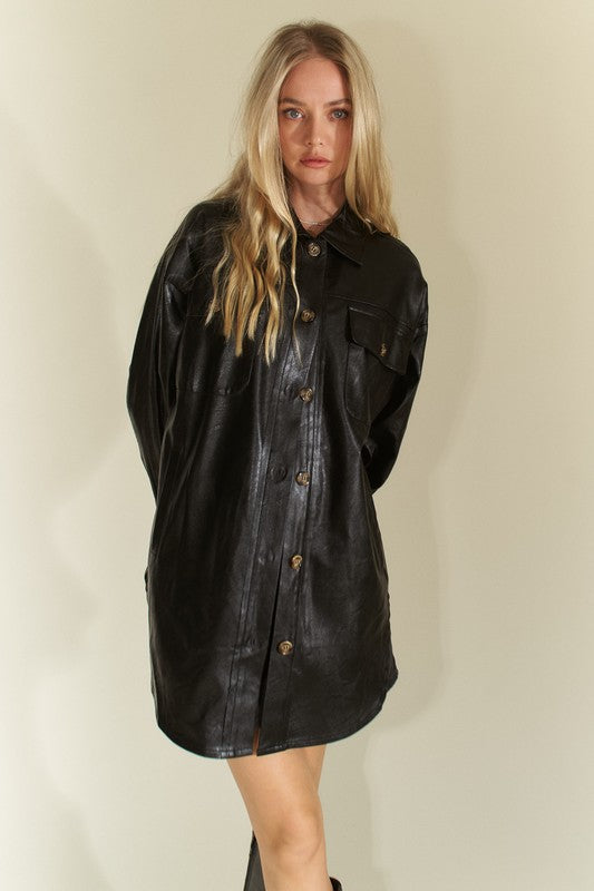 Black Davi Dani Faux Leather Button Up Jacket With Chest Pockets
