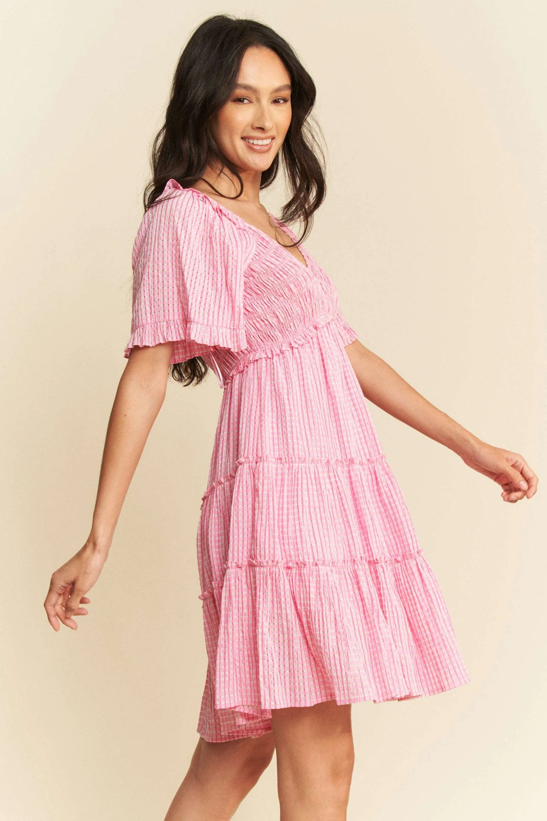 Barbie Pink Davi Dani Jacquard Checker Smocking Tiered Dress