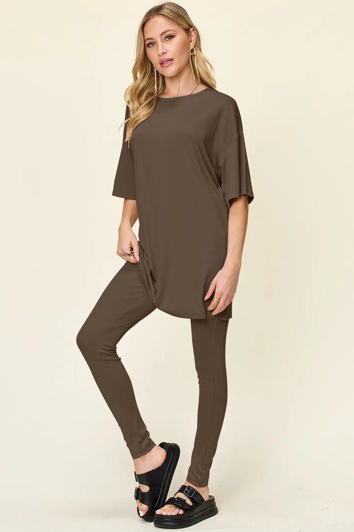 Black Double Take Full Size Round Neck Dropped Shoulder T Shirt And Leggings Set