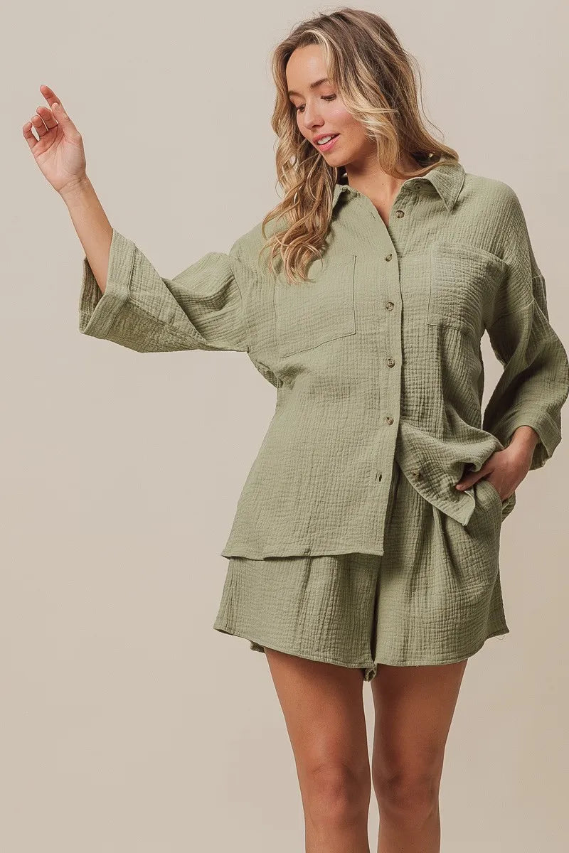 Sage Bibi Crinkle Gauze Shirt And Short Set