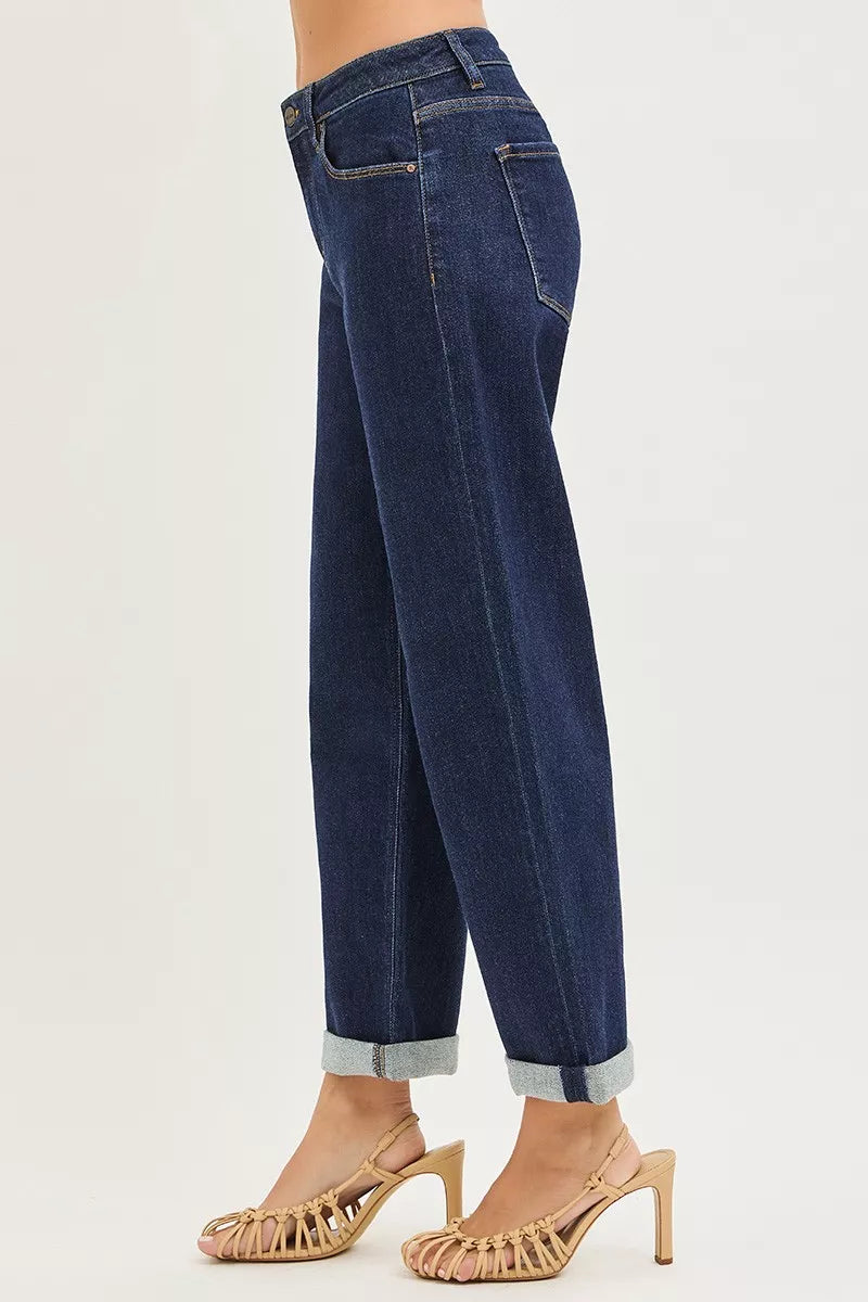 Solid Dark Risen Slouchy Cropped Boyfriend Jeans With Cuffed Hem