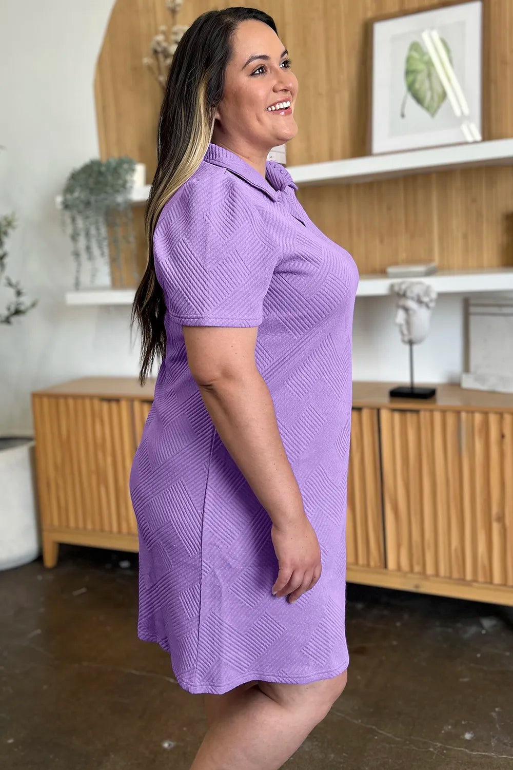 Lavender Double Take Full Size Texture Collared Neck Short Sleeve Dress