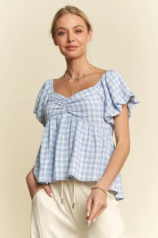 Blue Davi Dani Plaid Puff Sleeves Ruffled Smocked Blouse