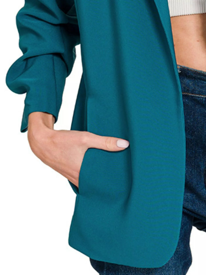 Teal Zenana Woven 3 4 Ruched Sleeve Open Front Classic Blazer 1