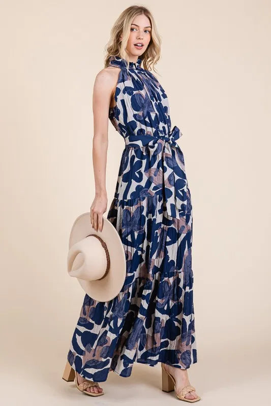 Lime N Chili Abstract Halter Neck Tie Waist Tiered Maxi Dress