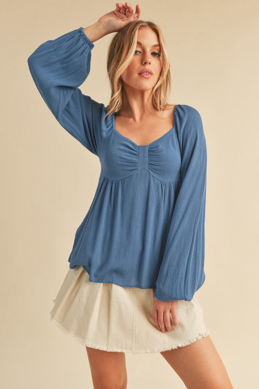 Peacock  Blue Aemi Co Ruched Sweetheart Neck Balloon Sleeve Blouse