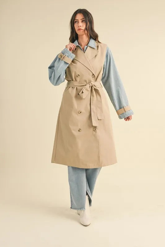 Taupe Mable Layered Look Trench Coat With Denim Jacket